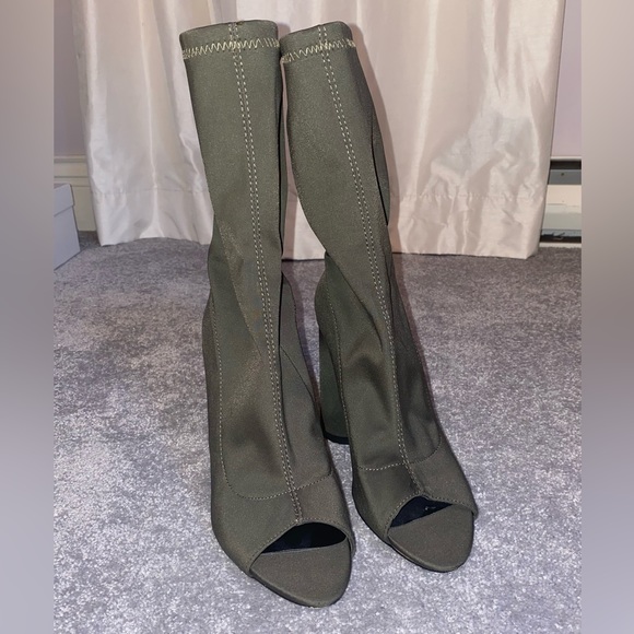 Olive Green Open Toe Heel Booties - Picture 2 of 4